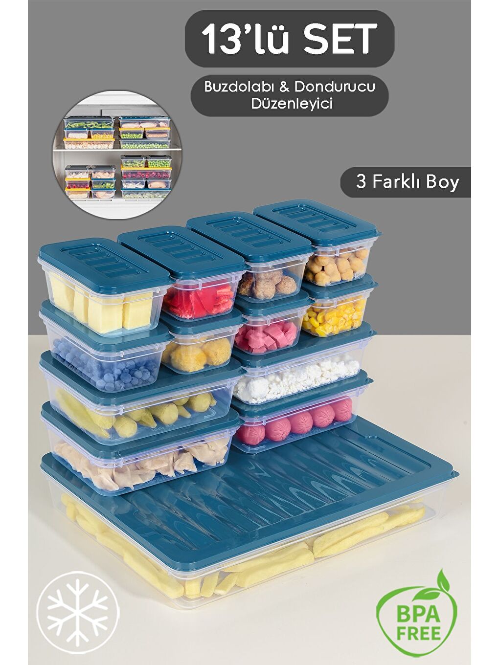13'lü Buzdolabı Düzenleyici Organizer Set Mikrodalga Difriz Kabı 1x2400 ml 4x600 ml 8x240 ml Mavi