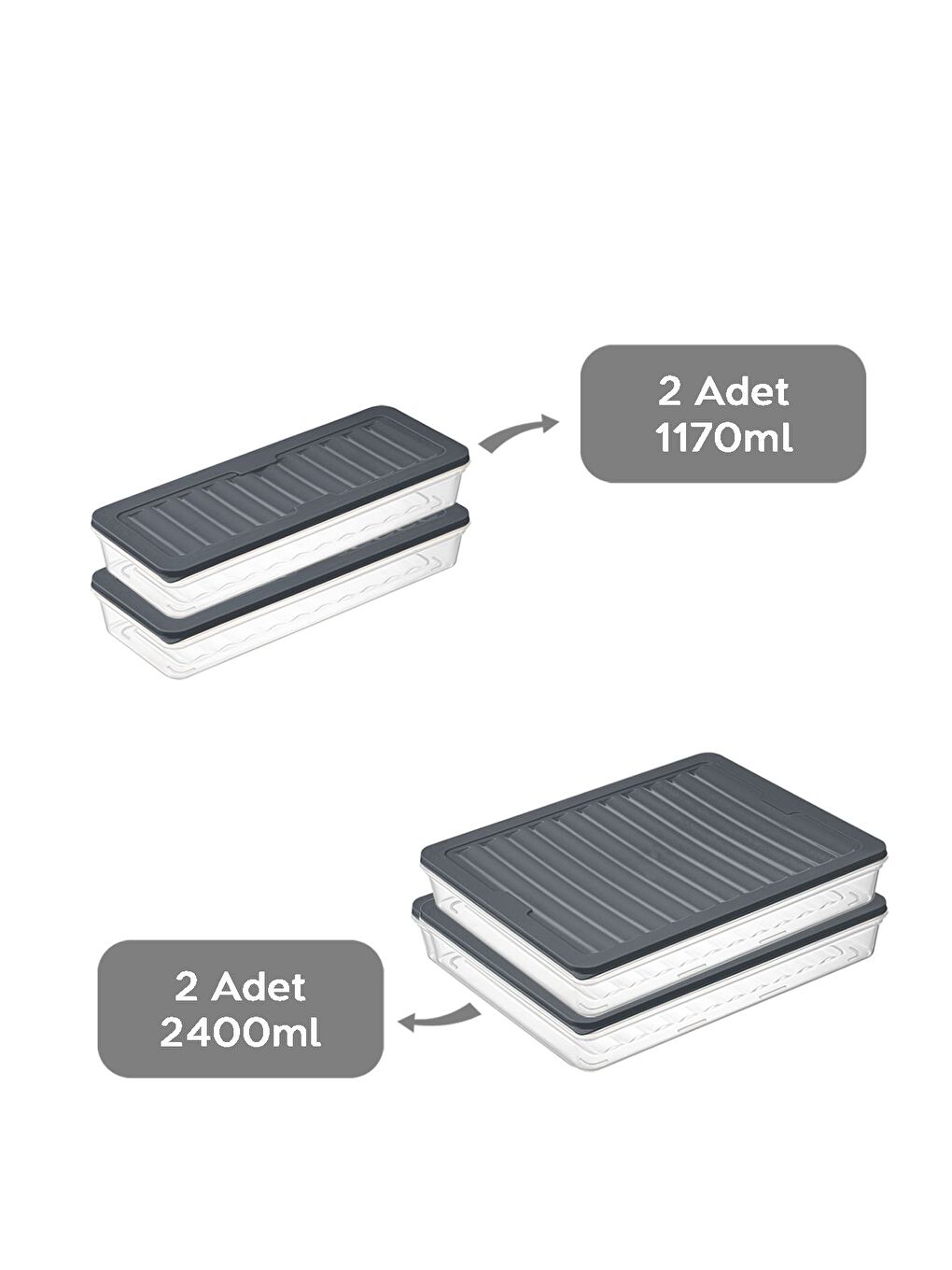 4 Parça Buzdolabı Düzenleyici Organizer Set Mikrodalga Difriz Kabı 2x2400 ml 2x1170 ml Antrasit-1