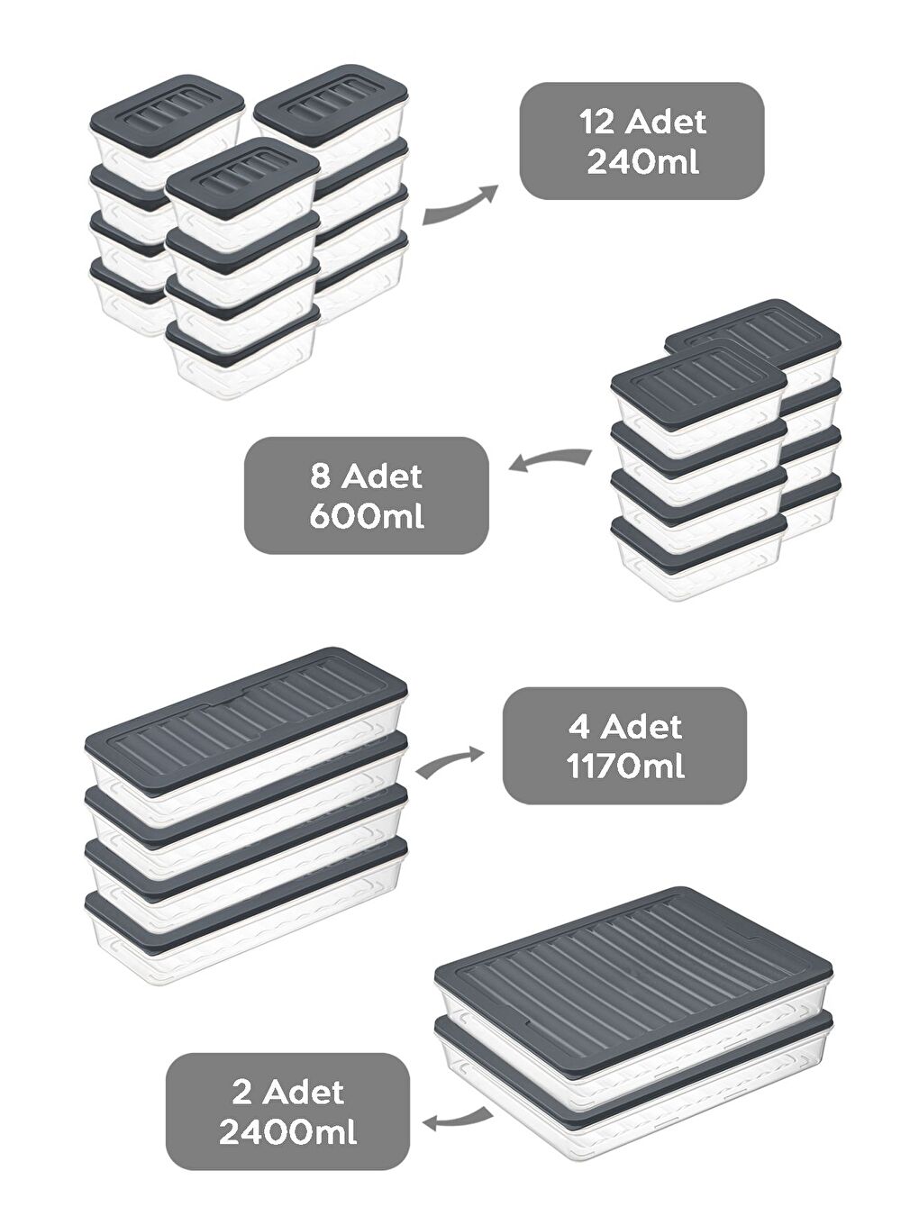26 Parça Mikrodalga ve Difrize Uygun Saklama Kabı 2x2400 ml 4x1170 ml 8x600 ml 12x240 ml Antrasit-1