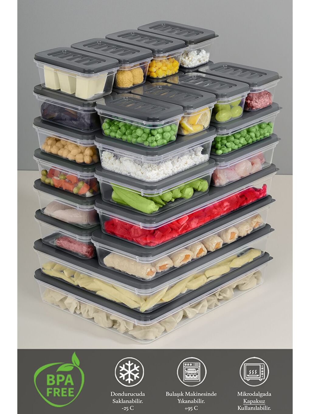 26 Parça Mikrodalga ve Difrize Uygun Saklama Kabı 2x2400 ml 4x1170 ml 8x600 ml 12x240 ml Antrasit-2