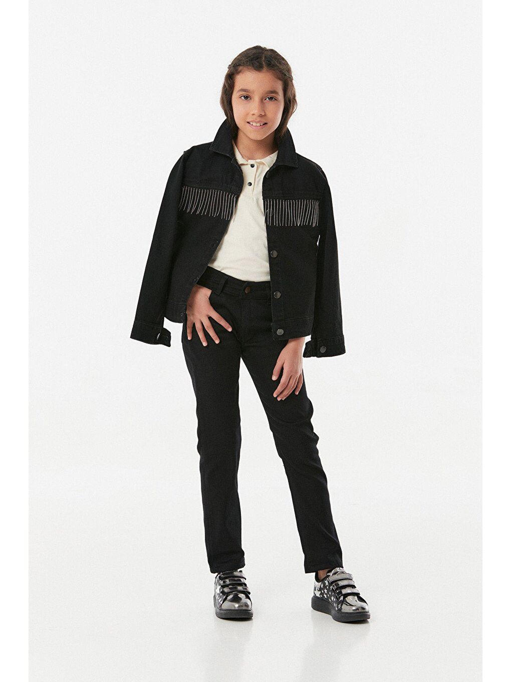 Siyah Zincir Detaylı Kız Çocuk jean Ceket-2
