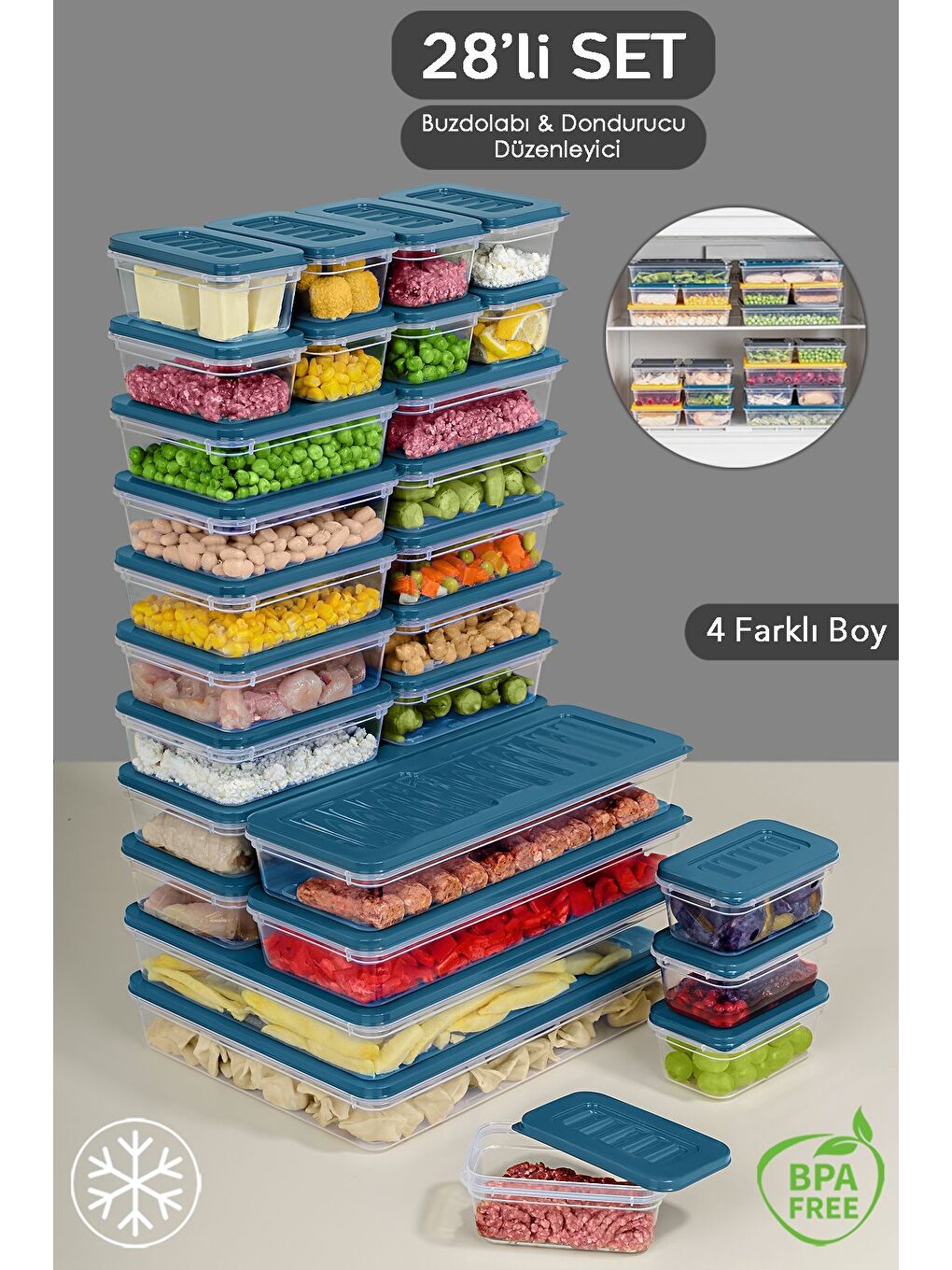 28 Parça Mikrodalga Uyu mlu Organizer Saklama Kabı 2x2400 ml 4x1170 ml 10x600 ml 12x240 ml Mavi