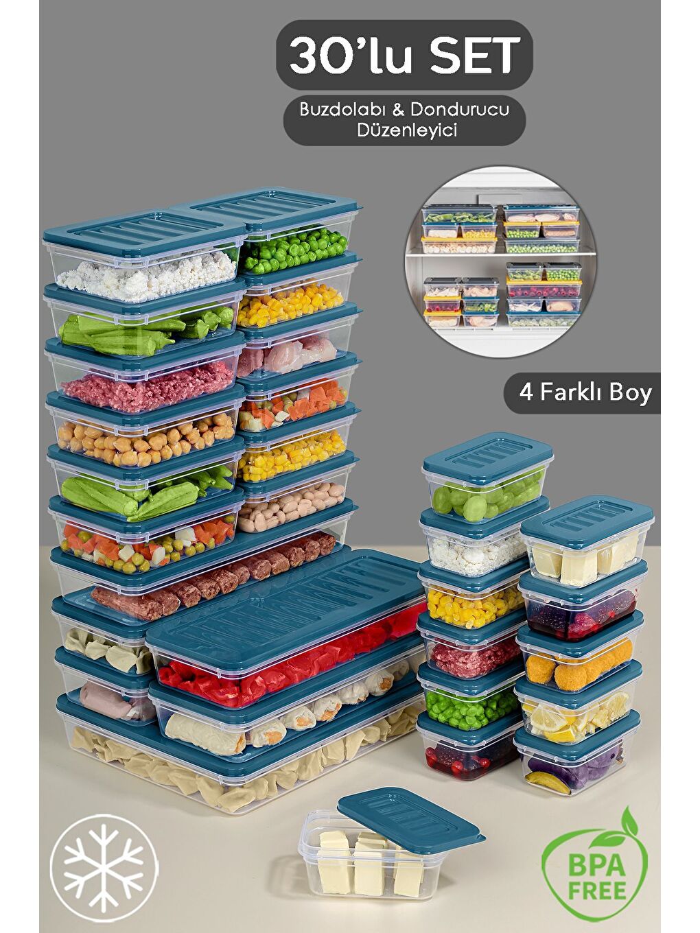 30 Parça Mikrodalga ve Difrize Uygun Saklama Kabı 1x2400 ml 5x1170 ml 12x600 ml 12x240 ml Mavi