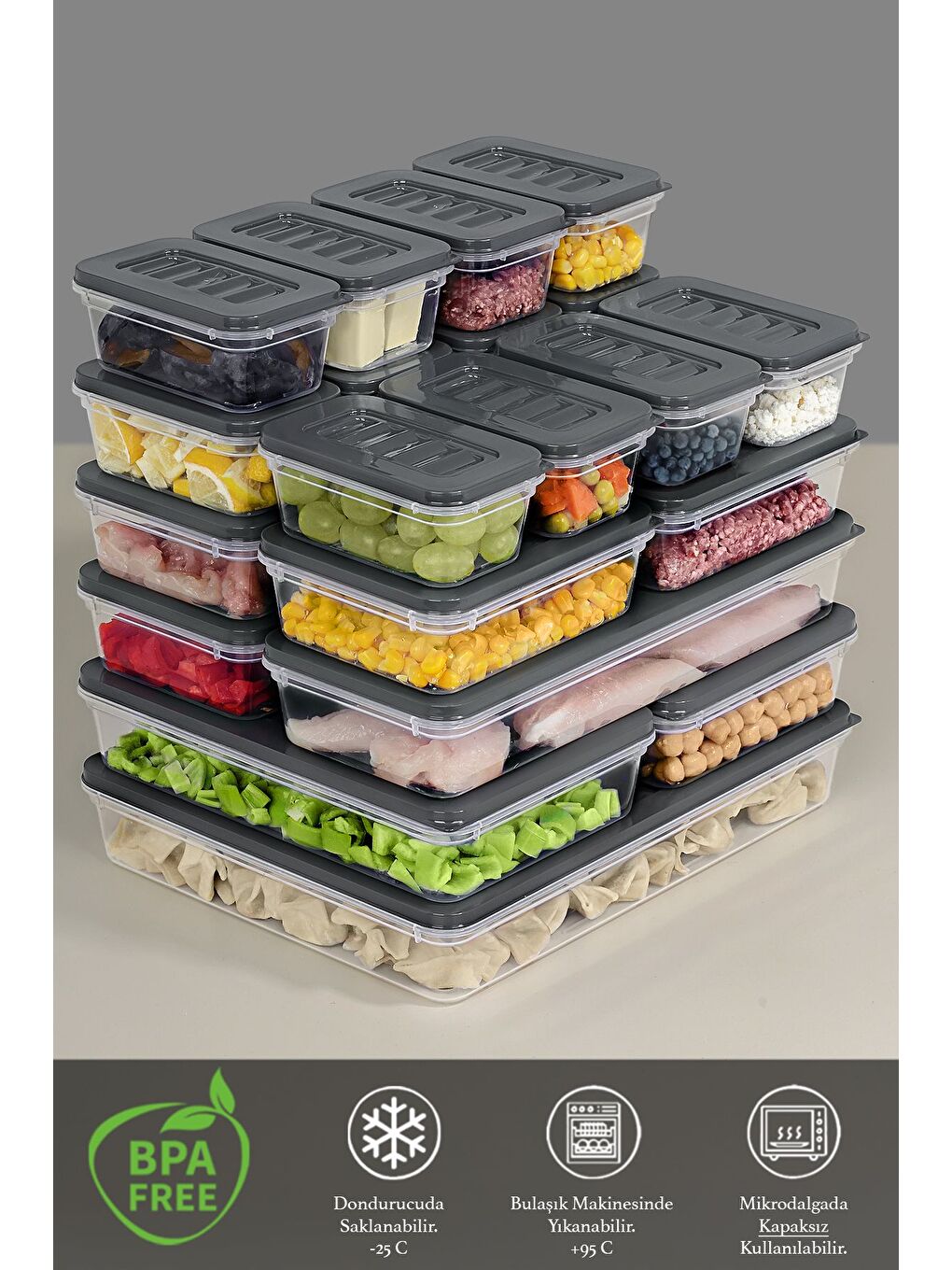 21 Parça Mikrodalga Difrize Uygun Saklama Kabı  1x2400ml 2x1170ml 2x1200ml 4x600ml 12x240ml Antrasit-2