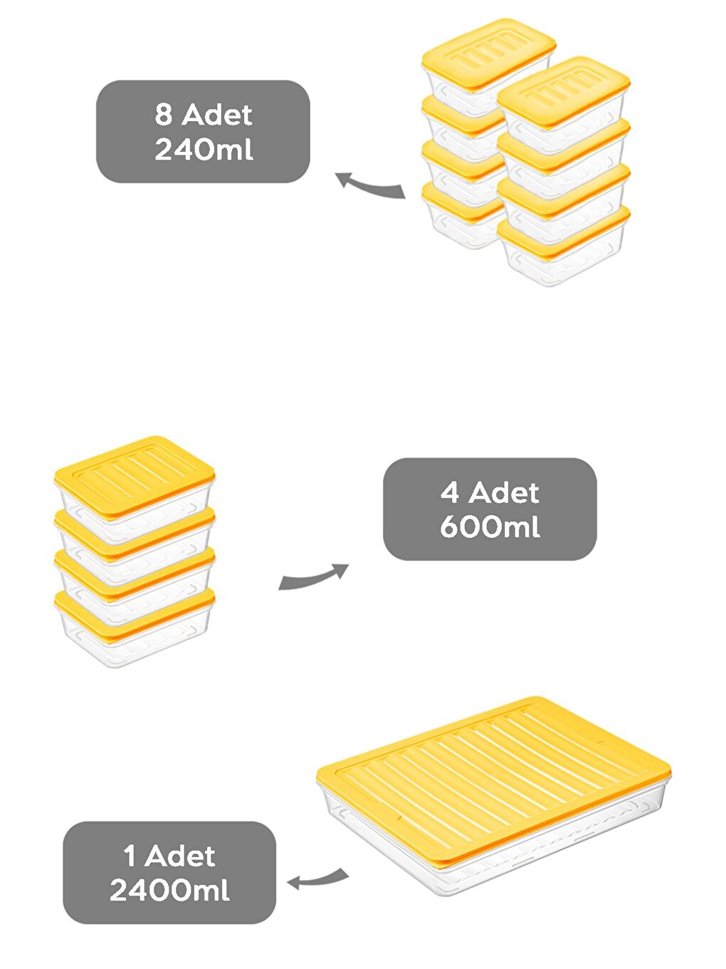 13'lü Buzdolabı Düzenleyici Organizer Set Mikrodalga Difriz Kabı 1x2400 ml 4x600 ml 8x240 ml Sarı-1