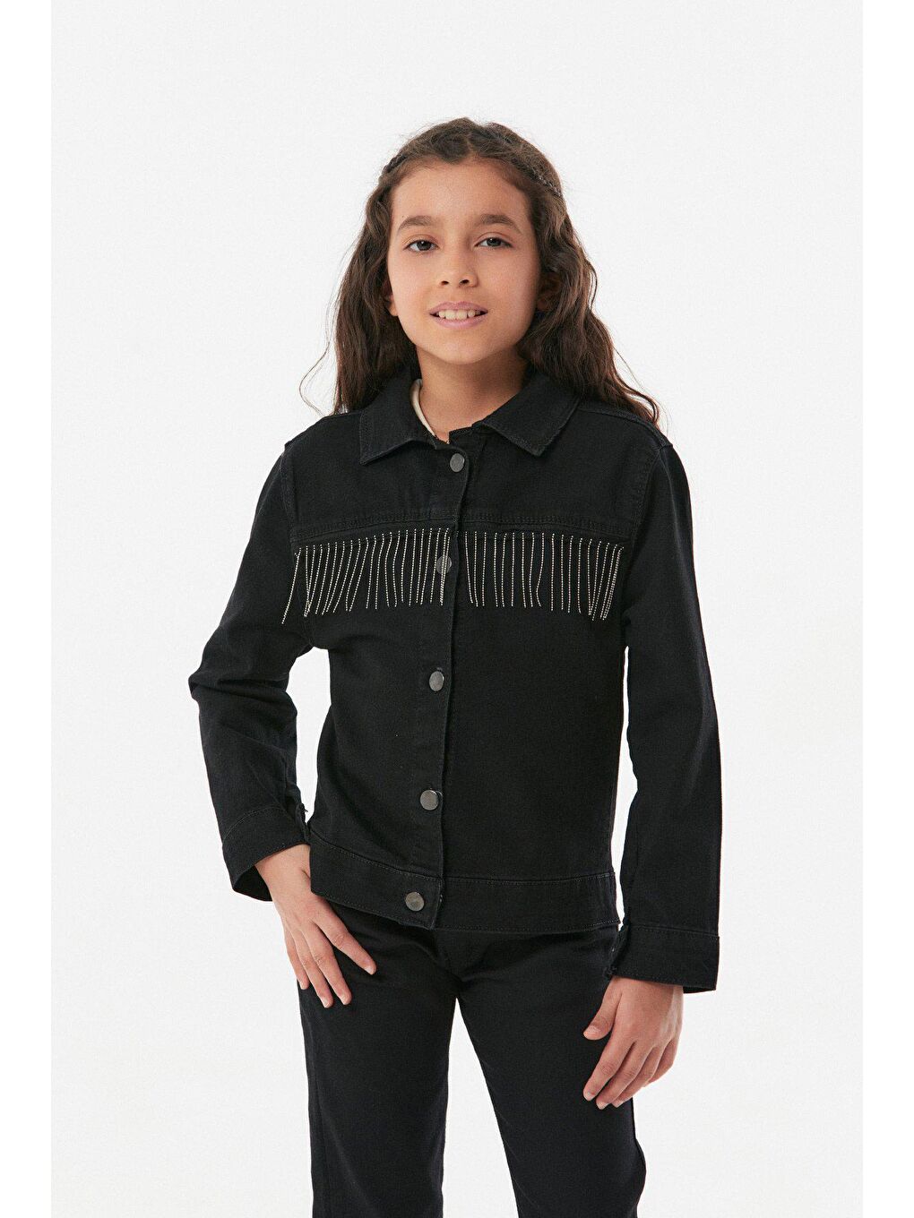 Siyah Zincir Detaylı Kız Çocuk jean Ceket-4