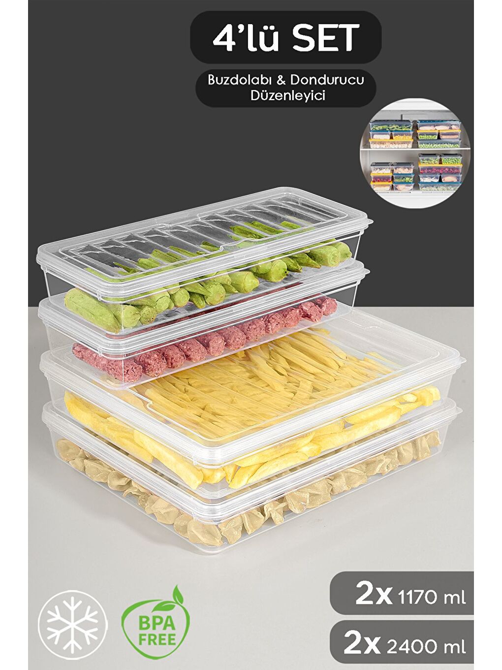 Renksiz 4'lü Şeffaf Kapak Mikrodalga Uyu mlu Organizer Set Düzenleyici Erzak Saklama Kabı 2x2400 2x1170 ml