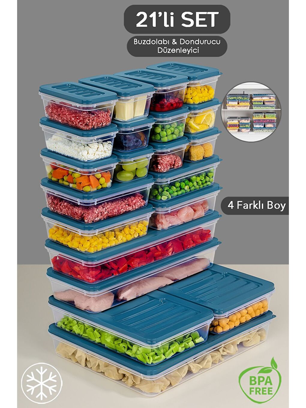 21 Parça Mikrodalga ve Difrize Uygun Saklama Kabı   1x2400ml 2x1170ml 2x1200ml 4x600ml 12x240ml Mavi