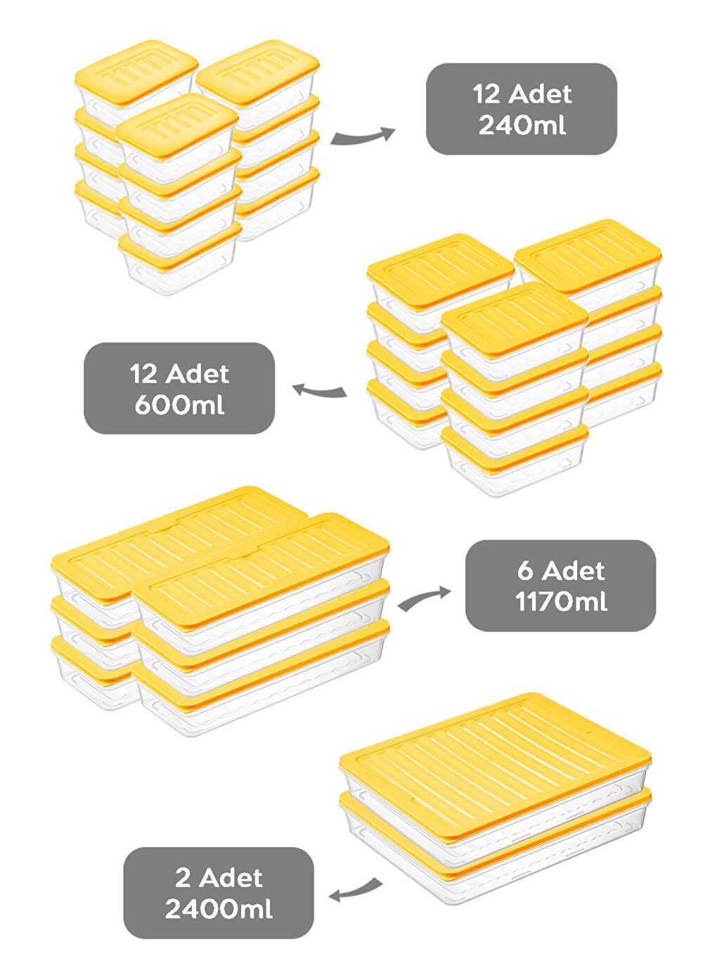32 Parça Mikrodalga ve Difrize Uygun Saklama Kabı 2x2400 ml 6x1170 ml 12x600 ml 12x240 ml Sarı-1