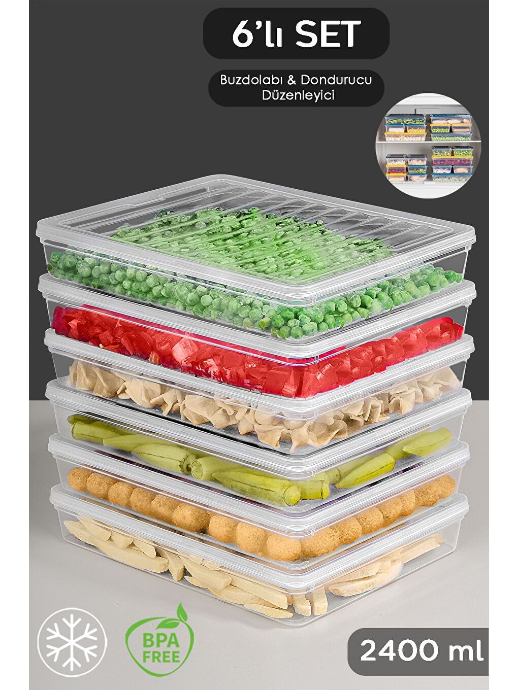 Renksiz 6'lı Şeffaf Kapaklı Organizer Düzenleyici Gıda Erzak Kabı 6x2400 ml