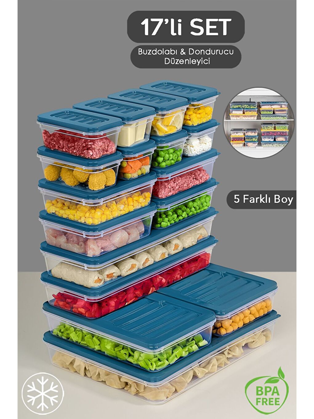 17 Parça Mikrodalga Difrize Uygun Saklama Kabı 1x2400 ml 2x1170 ml 2x1200 ml 4x600 ml 8x240 ml Mavi