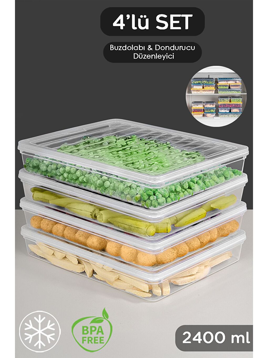 Renksiz 4'lü Şeffaf Kapaklı Organizer Düzenleyici Gıda Erzak Kabı 4x2400 ml