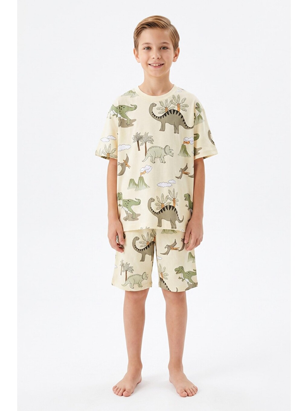 Ekru Erkek Çocuk %100 Pamuk Şortlu Pijama Takımı 8-13 Yaş 12715ıs-1