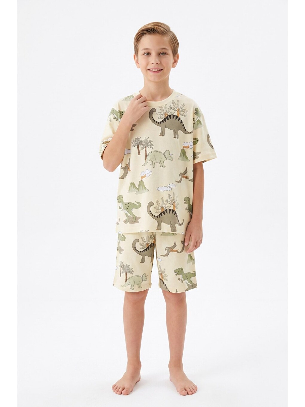 Ekru Erkek Çocuk %100 Pamuk Şortlu Pijama Takımı 8-13 Yaş 12715ıs-2