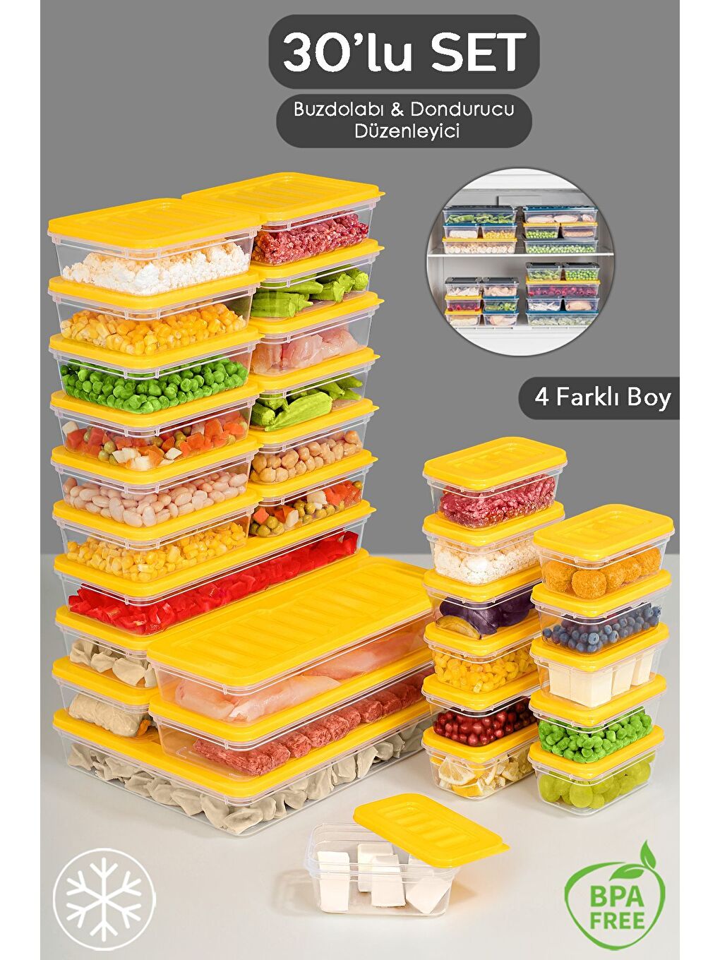 30 Parça Mikrodalga ve Difrize Uygun Saklama Kabı 1x2400 ml 5x1170 ml 12x600 ml 12x240 ml Sarı