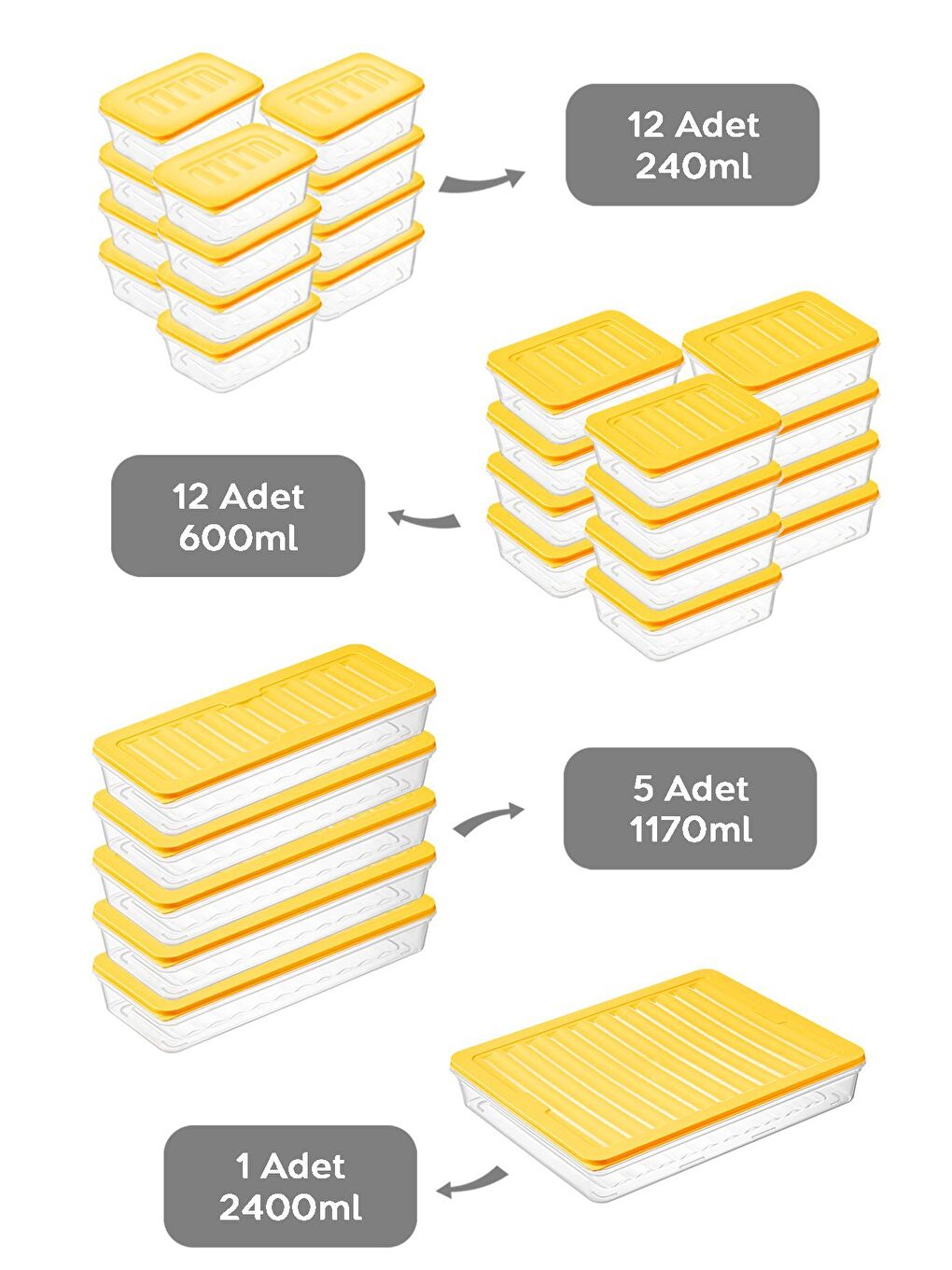 30 Parça Mikrodalga ve Difrize Uygun Saklama Kabı 1x2400 ml 5x1170 ml 12x600 ml 12x240 ml Sarı-1
