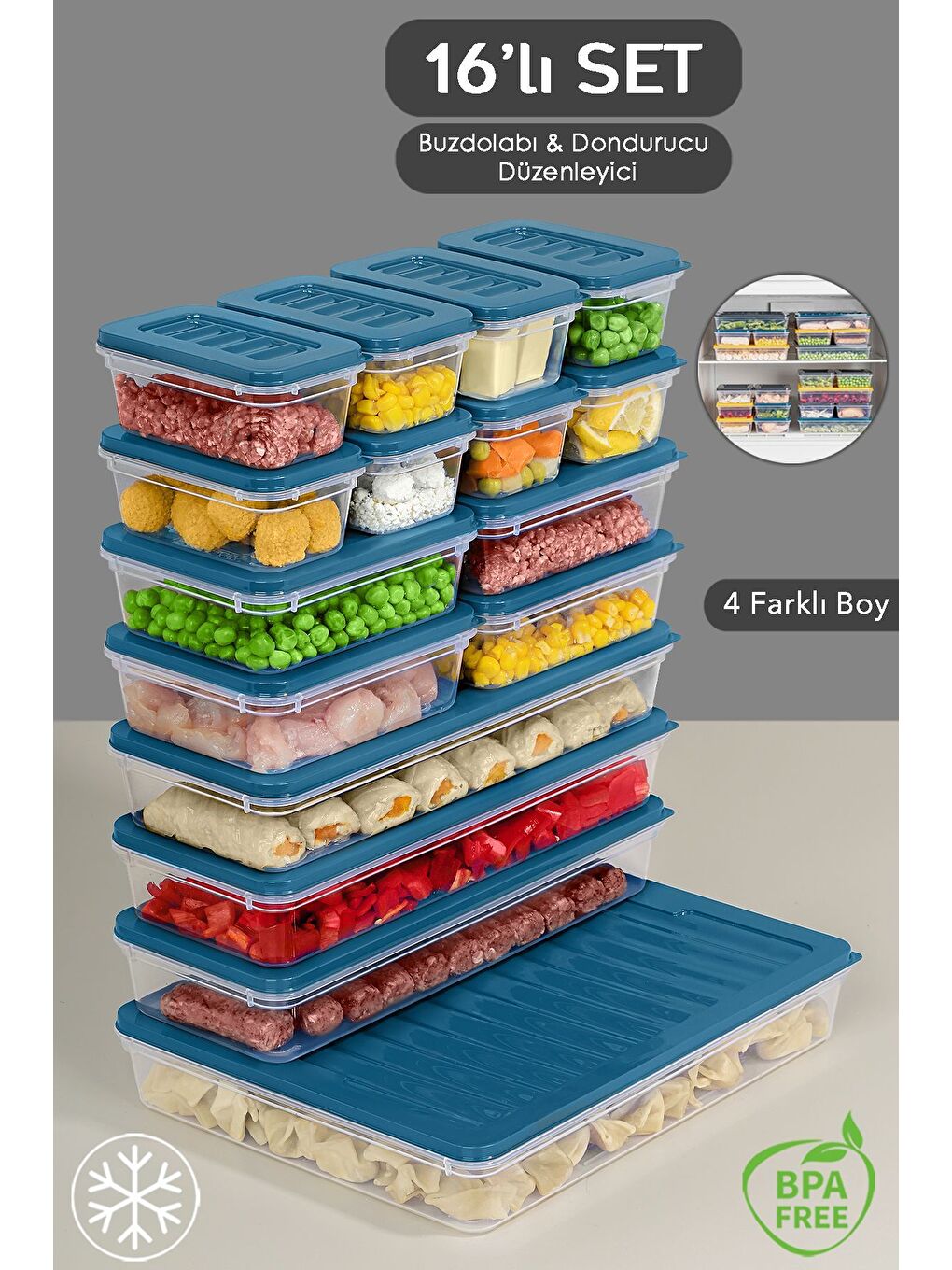 16 Parça Mikrodalga ve Difrize Uygun Saklama Kabı 1x2400 ml 3x1170 ml 4x600 ml 8x240 ml Mavi