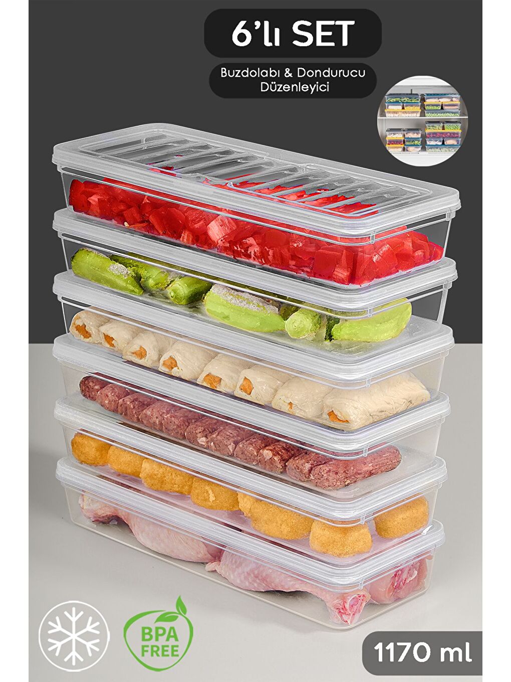 Renksiz 6'lı Şeffaf Kapaklı Organizer Düzenleyici Gıda Erzak Kabı 6x1170 ml