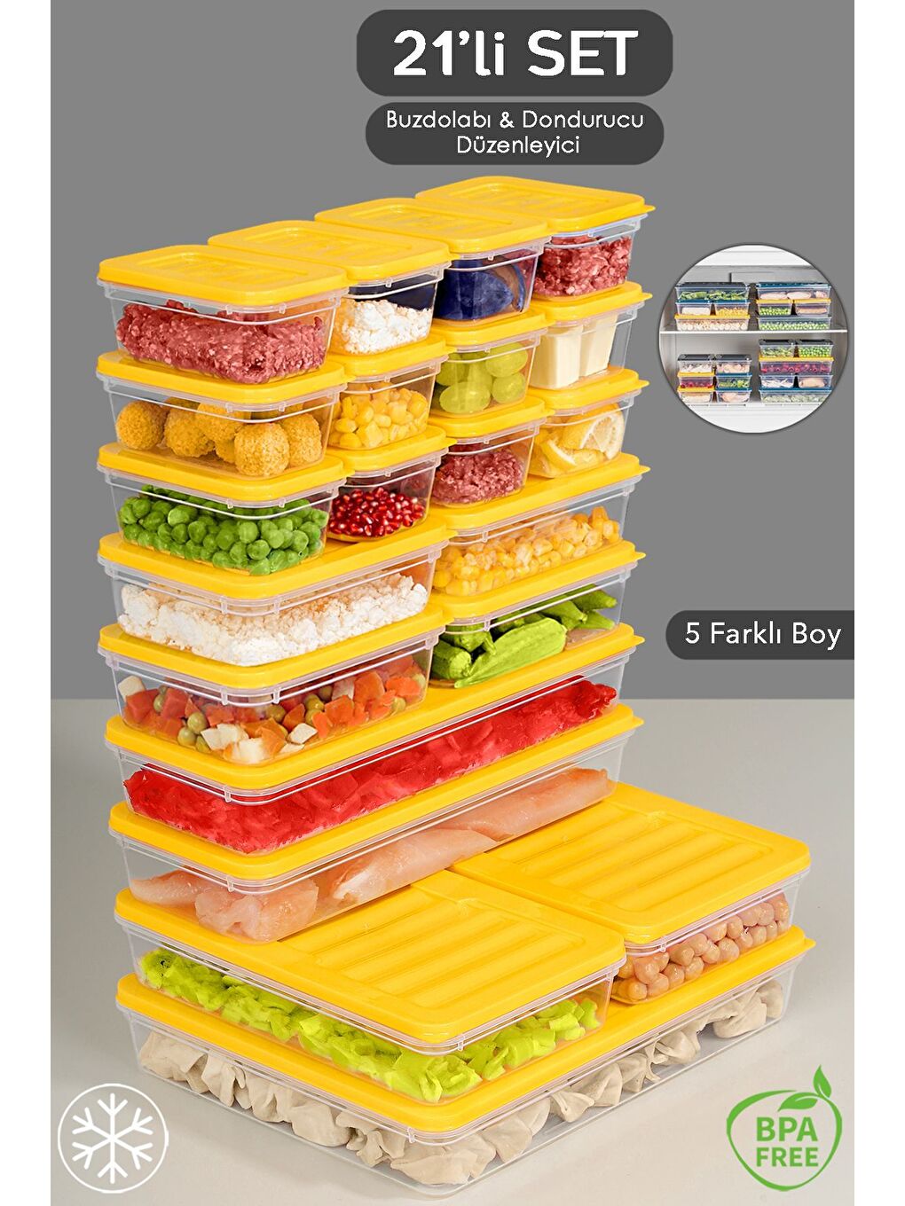 21 Parça Mikrodalga Uyumlu Organize Saklama Kabı   1x2400ml 2x1170ml 2x1200ml 4x600ml 12x240ml Sarı