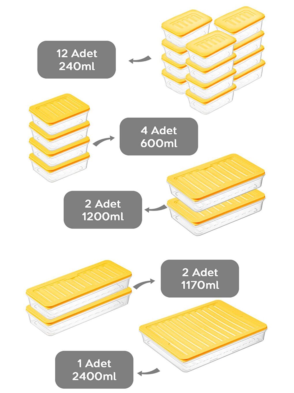 21 Parça Mikrodalga Uyumlu Organize Saklama Kabı   1x2400ml 2x1170ml 2x1200ml 4x600ml 12x240ml Sarı-1