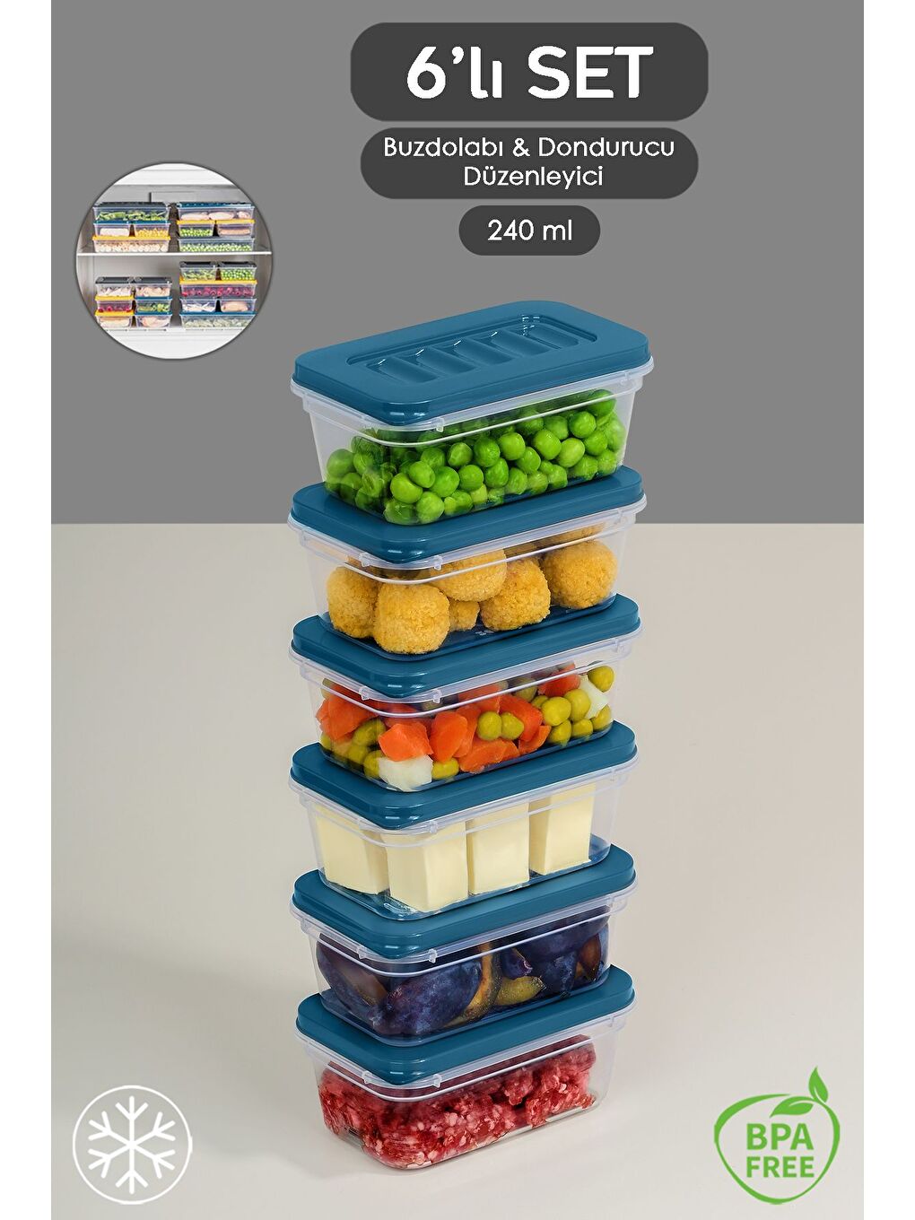6'lı Buzdolabı Düzenleyici Organizer Mikrodalga ve Difrize Uygun Saklama Kabı 6x240 ml Mavi