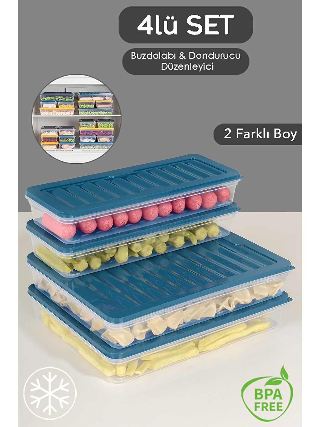 4 Parça Mikrodalga Uyu mlu Organizer Düzenleyici Saklama Kabı Seti 2x2400 ml 2x1170 ml Mavi