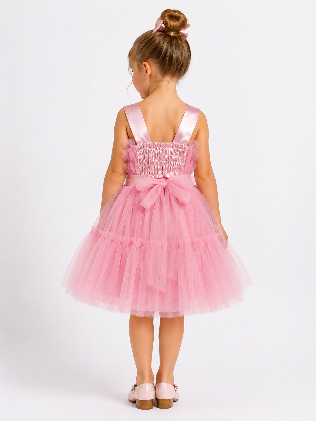 Kız Çocuk Pembe Tül Abiye Elbise Kalp Tokalı Prenses Model Ak113-3