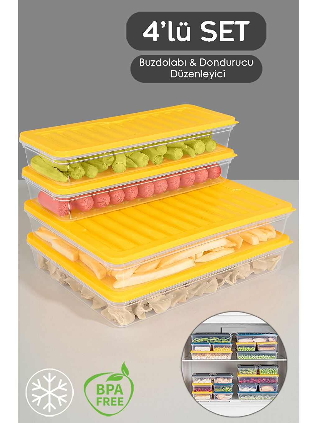 4 Parça Buzdolabı Düzenleyici Organizer Set Mikrodalga Difriz Kabı 2x2400 ml 2x1170 ml Sarı