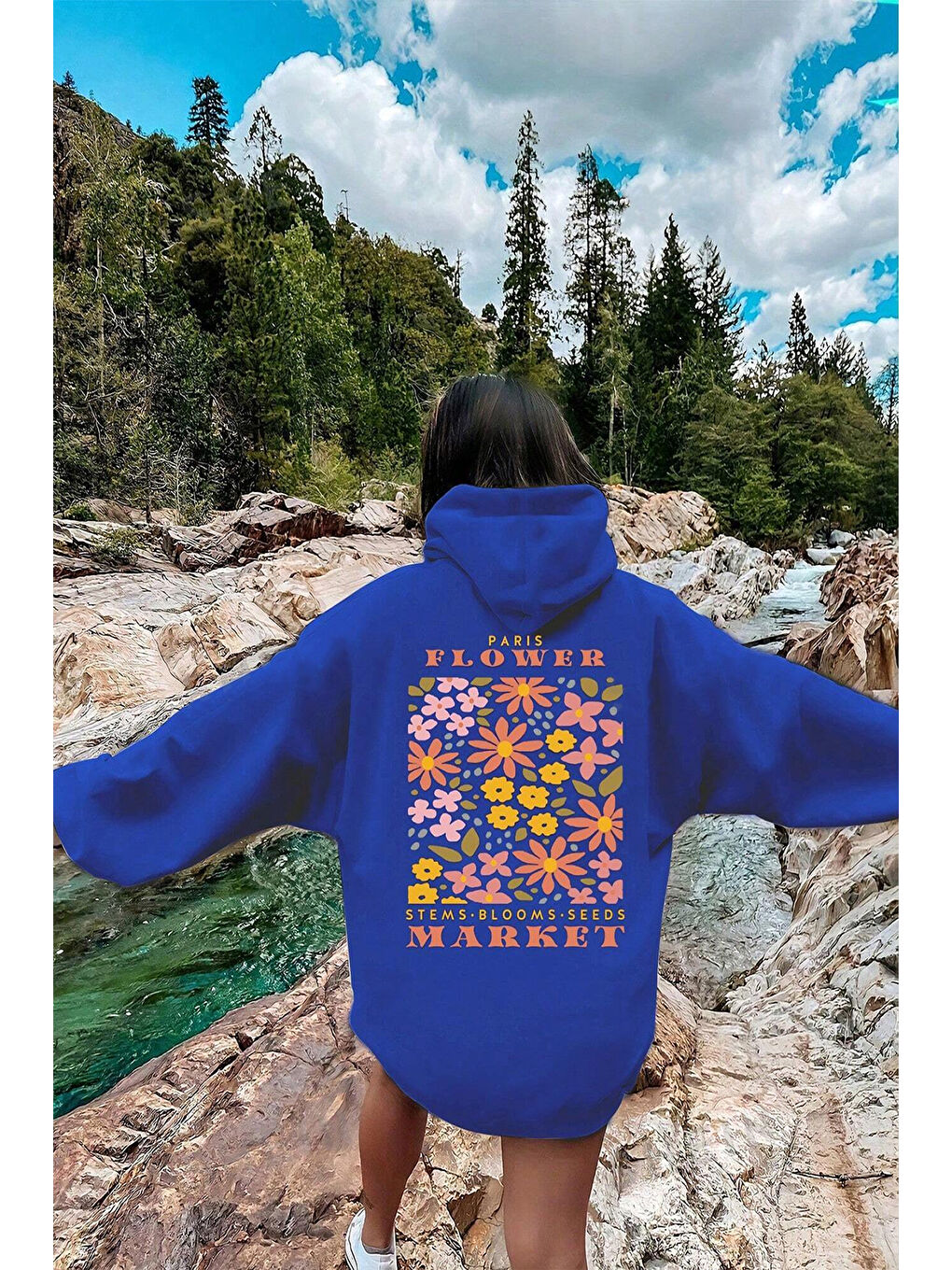 uyguntarz Mavi Flower Baskılı Oversize Sweatshirt - 1