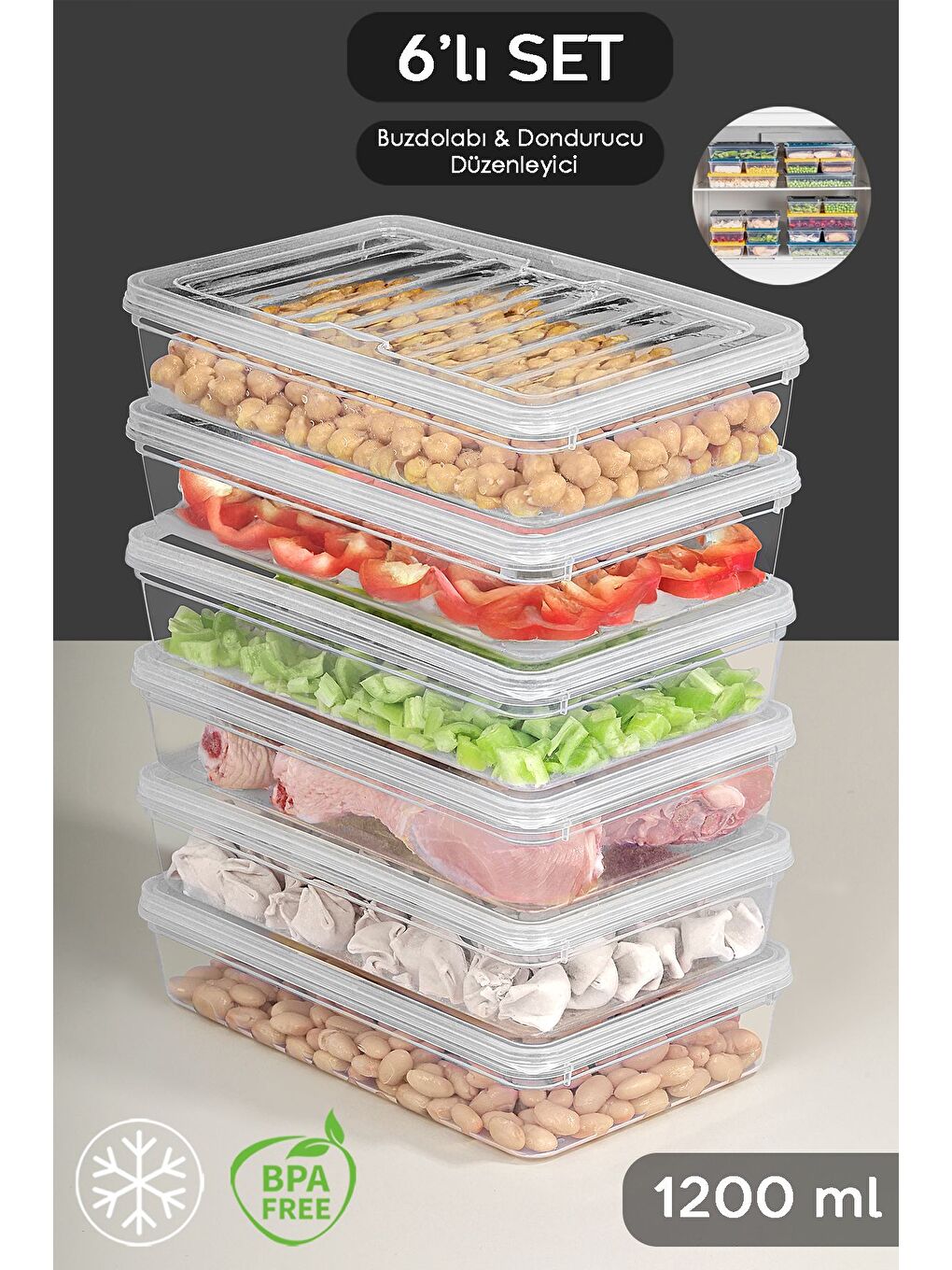 Renksiz 6'lı Şeffaf Kapaklı Organizer Düzenleyici Gıda Erzak Kabı 6x1200 ml