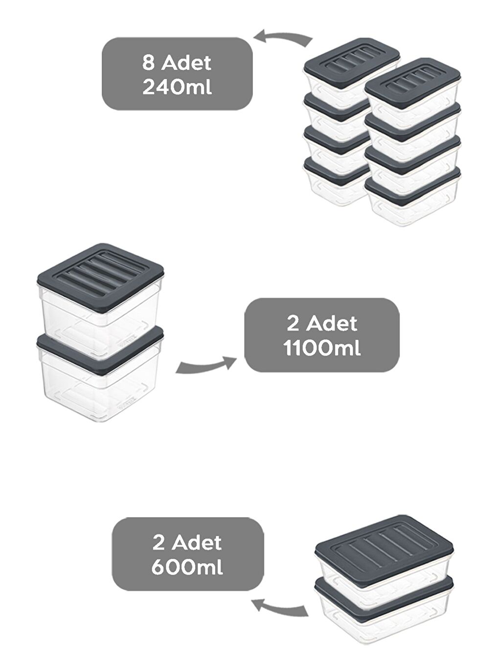 12'li Buzdolabı Organizer Set Düzenleyici Saklama Kabı Derin ve Sığ Mikrodalga Difriz Kabı Antrasit-1