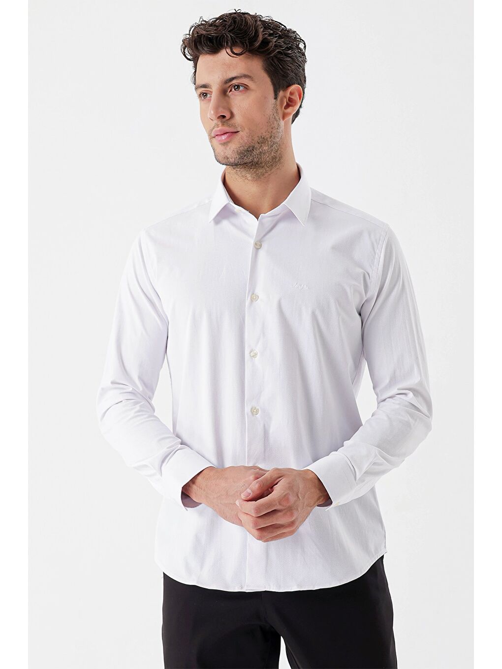 Beyaz Uzun Kollu Desenli Armürlü Sert Yaka Cepsiz Klasik Slim Fit Dar Kesim Gömlek 1004235107-2