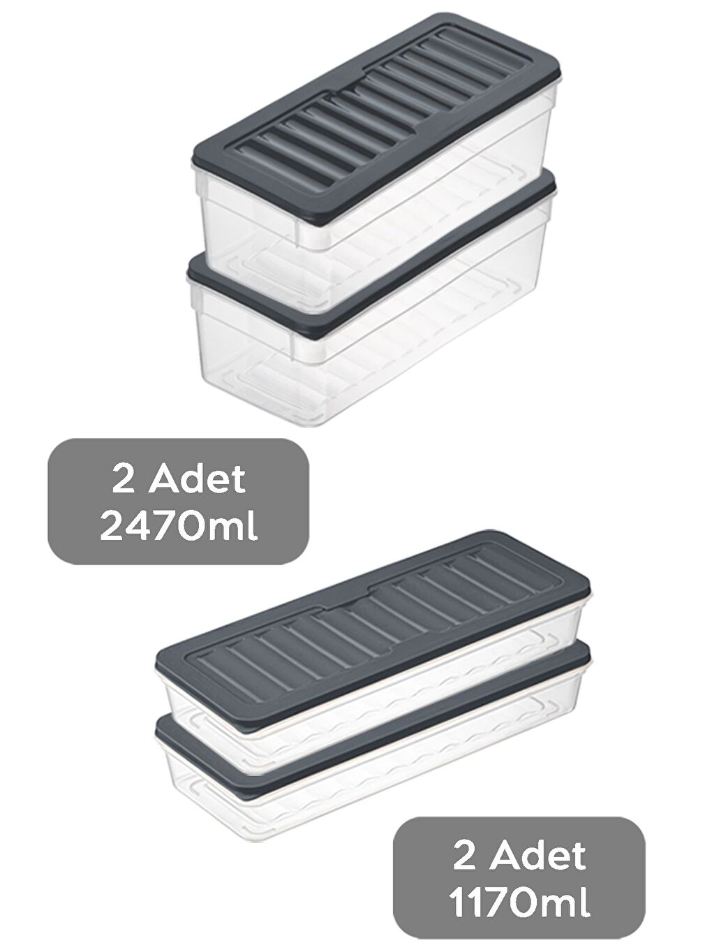 4'lü Buzdolabı Organizer Set Düzenleyici Saklama Kabı Derin ve Sığ Mikrodalga Difriz Kabı L Antrasit-1