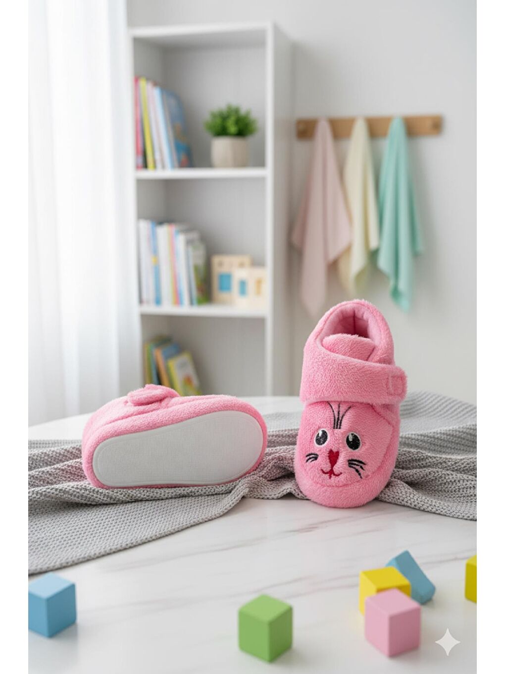 Pembe Sevimli Hayvanlar Cırtlı Kaydırmaz Taban Kreş Ev Okul Ayakkabısı Bebek Çocuk Panduf Ev Botu