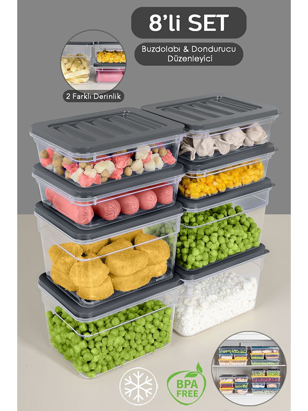 8 li Buzdolabı Organizer Set Düzenleyici Saklama Kabı Derin ve Sığ Mikrodalga Difriz Kabı S Antrasit