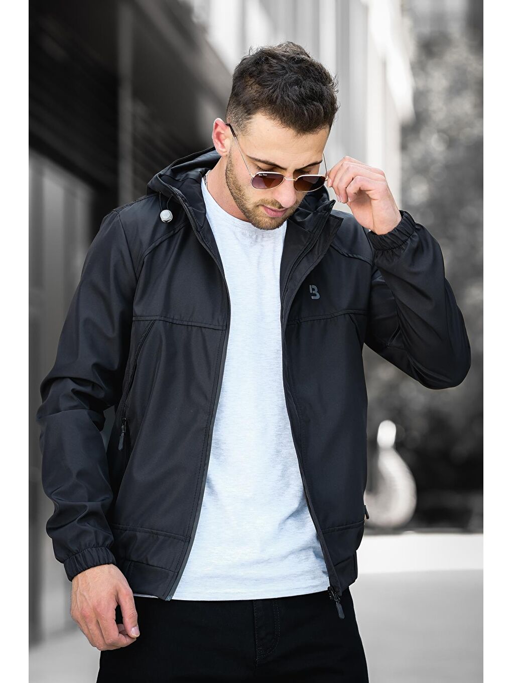 Siyah Suya Dayanaklı Slim Fit Erkek Kapüşonlu Mevsimlik Mont Yağmurluk-2