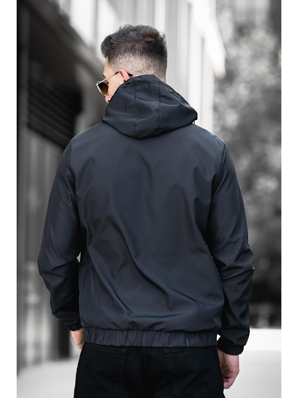 Siyah Suya Dayanaklı Slim Fit Erkek Kapüşonlu Mevsimlik Mont Yağmurluk-3