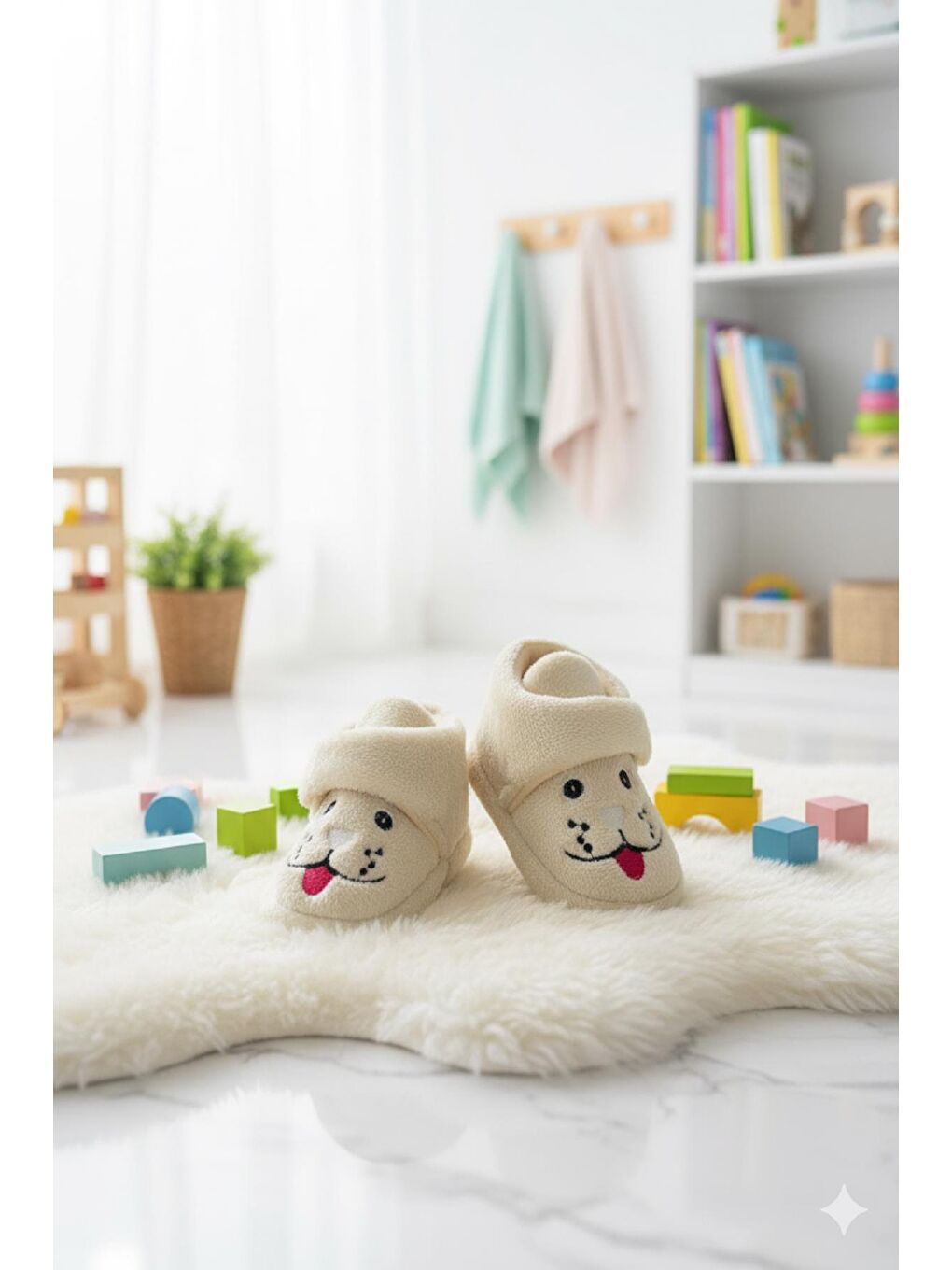 Ekru Sevimli Hayvanlar Cırtlı Kaydırmaz Taban Kreş Ev Okul Ayakkabısı Bebek Çocuk Panduf Ev Botu-1