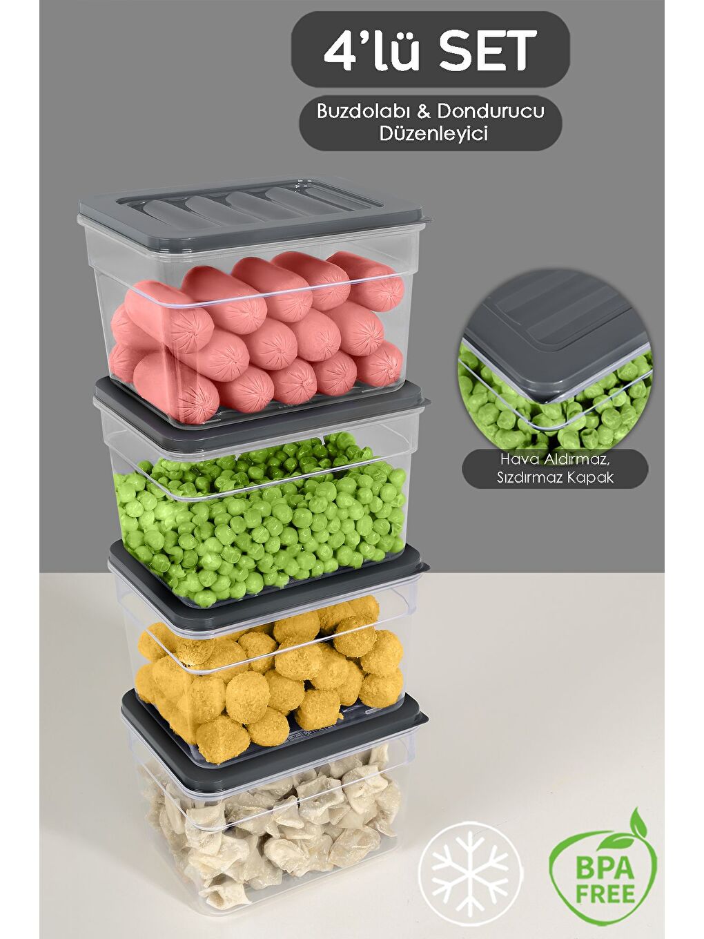 4'lü Derin Buzdolabı Organizer Set 1100 ml Antrasit