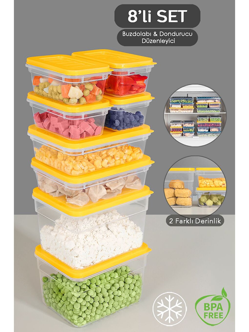 8 li Buzdolabı Organizer Set Düzenleyici Saklama Kabı Derin ve Sığ Mikrodalga Difriz Kabı Sarı