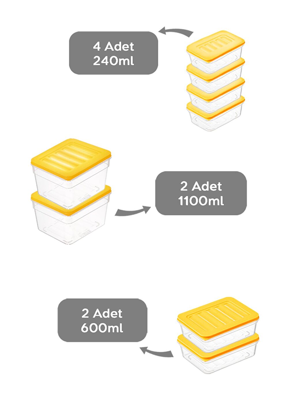 8 li Buzdolabı Organizer Set Düzenleyici Saklama Kabı Derin ve Sığ Mikrodalga Difriz Kabı Sarı-1
