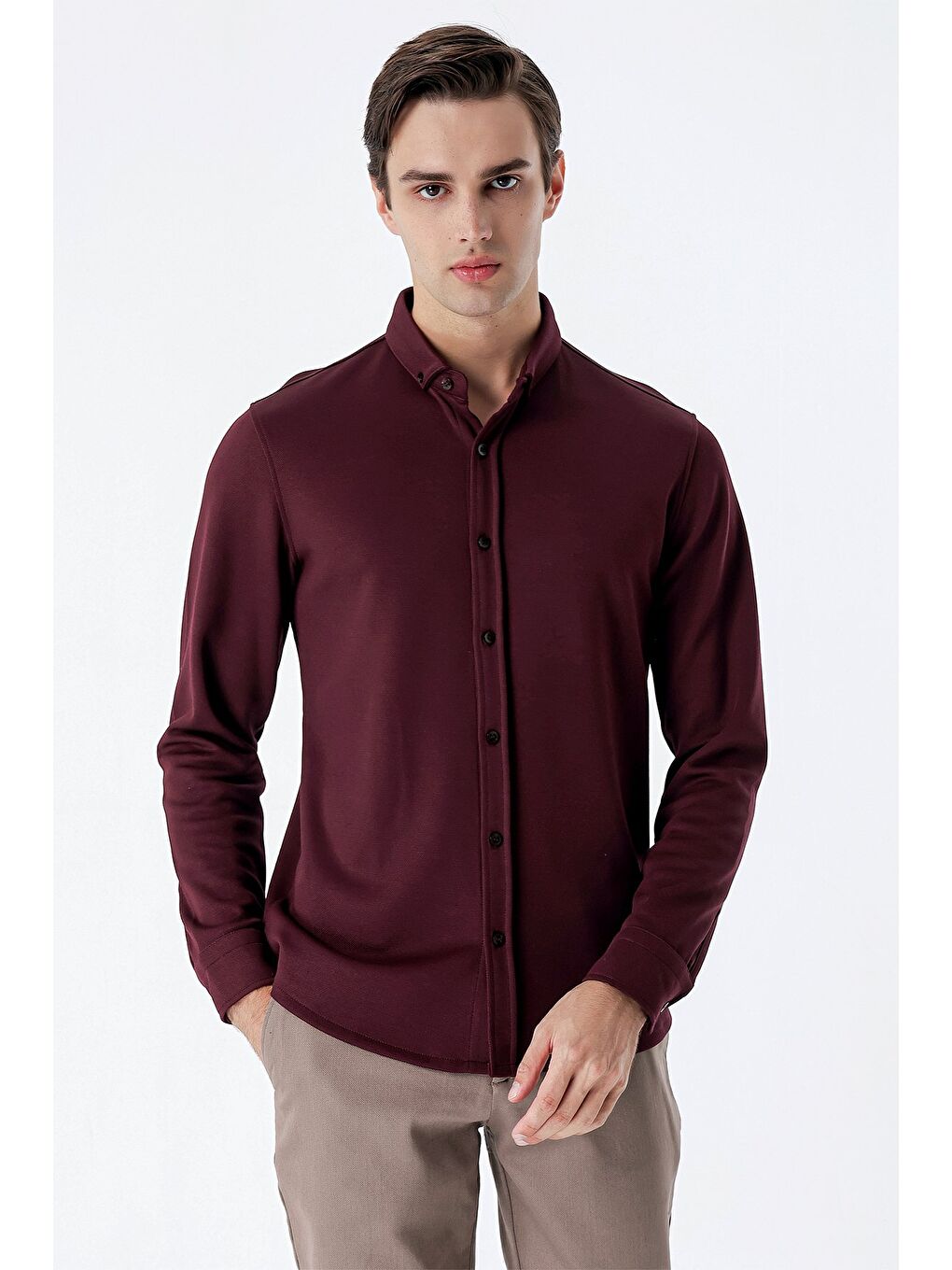 Bordo Uzun Kollu  Örme Düğmeli Yaka Cepsiz  Pamuklu Casual Slim Fit Dar Kesim Gömlek 1004235116