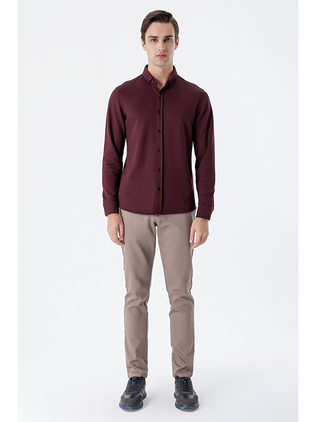Bordo Uzun Kollu  Örme Düğmeli Yaka Cepsiz  Pamuklu Casual Slim Fit Dar Kesim Gömlek 1004235116-1