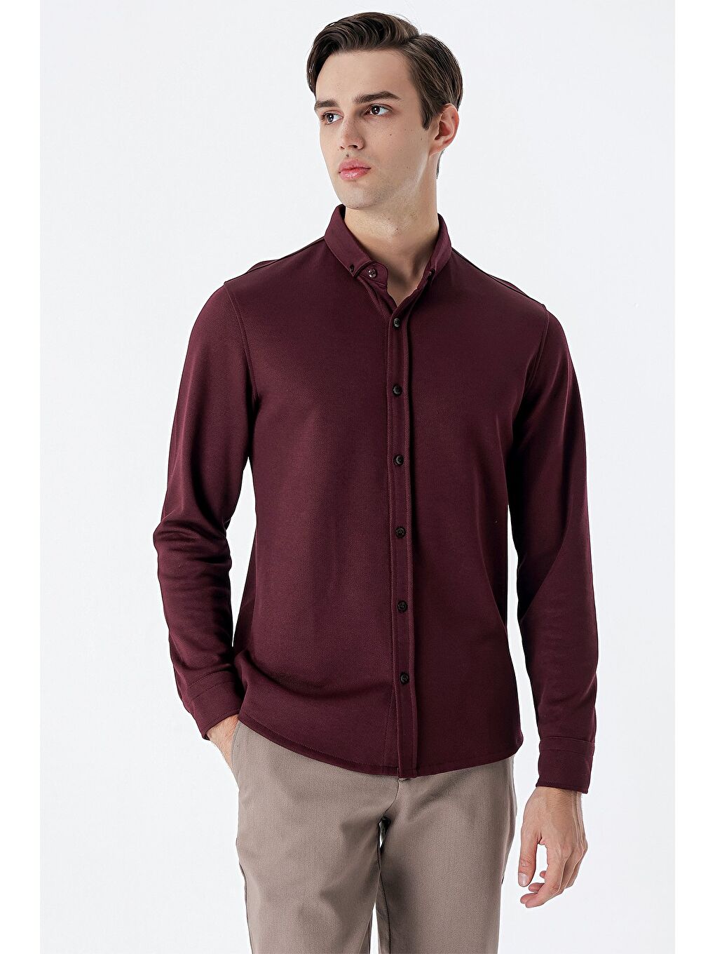 Bordo Uzun Kollu  Örme Düğmeli Yaka Cepsiz  Pamuklu Casual Slim Fit Dar Kesim Gömlek 1004235116-2