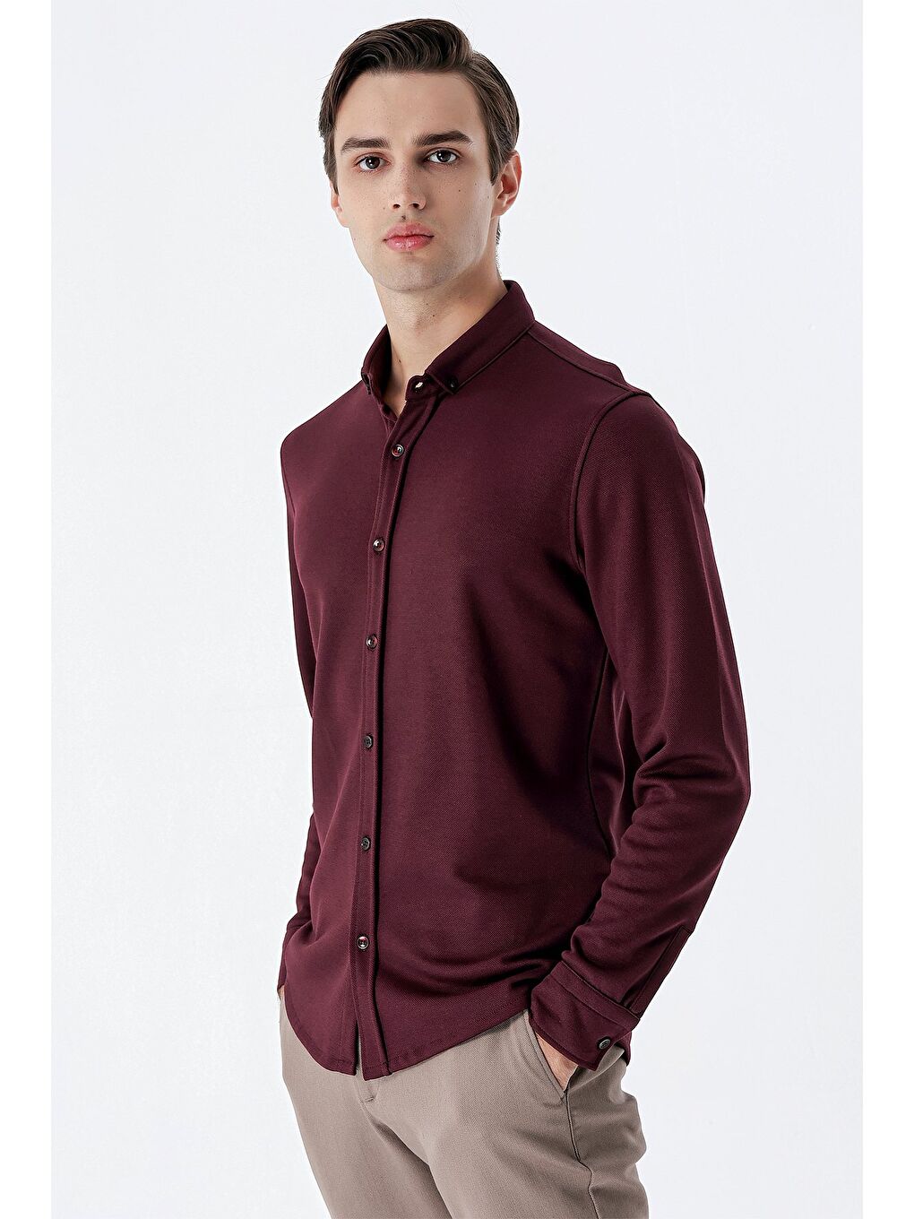 Bordo Uzun Kollu  Örme Düğmeli Yaka Cepsiz  Pamuklu Casual Slim Fit Dar Kesim Gömlek 1004235116-3