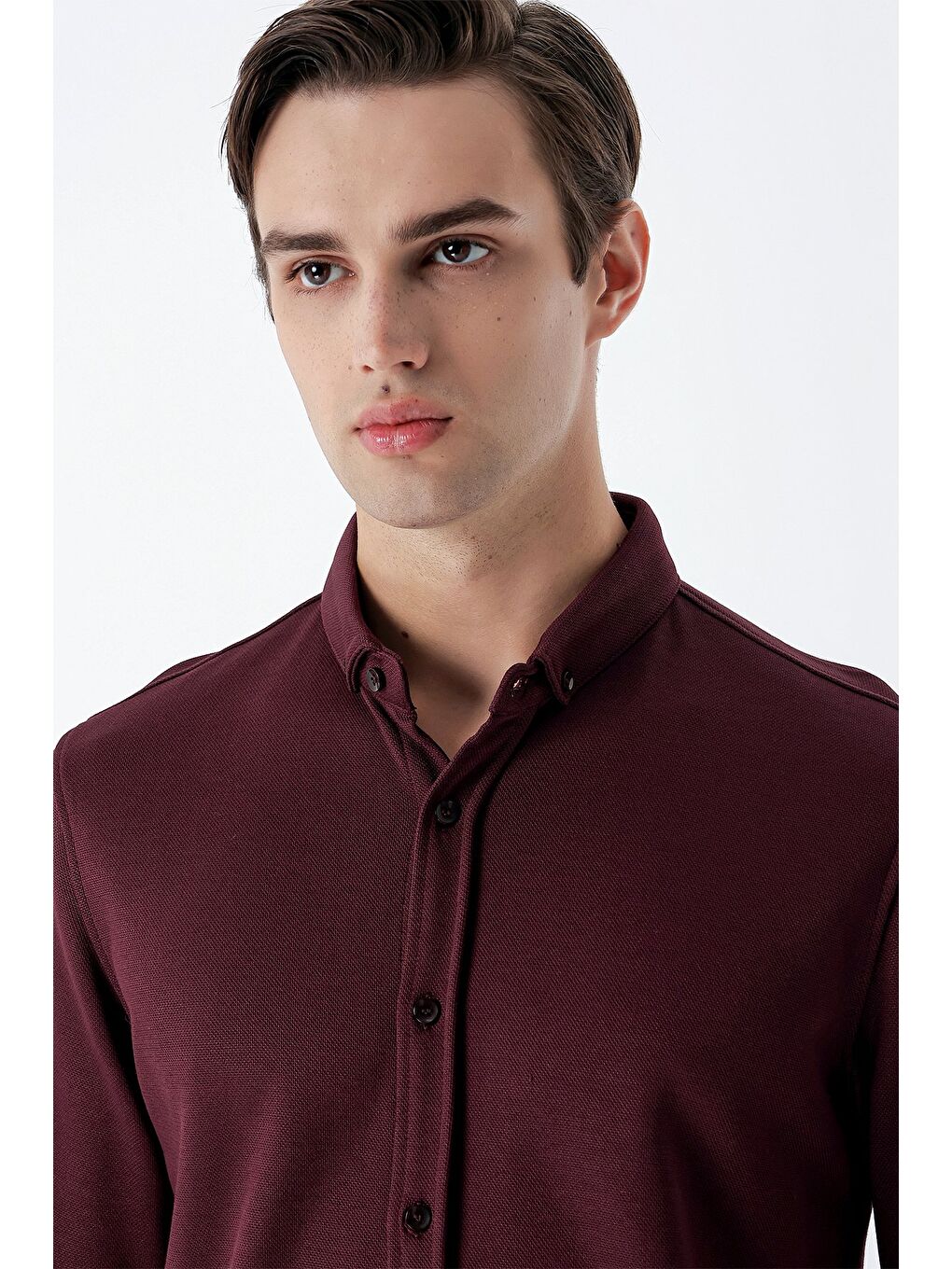 Bordo Uzun Kollu  Örme Düğmeli Yaka Cepsiz  Pamuklu Casual Slim Fit Dar Kesim Gömlek 1004235116-4