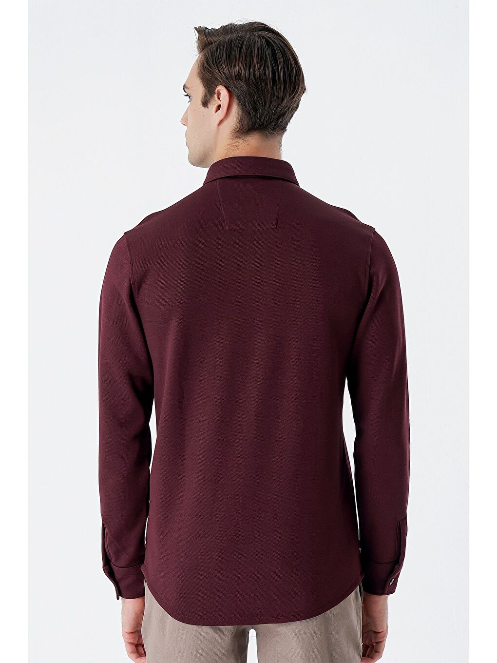 Bordo Uzun Kollu  Örme Düğmeli Yaka Cepsiz  Pamuklu Casual Slim Fit Dar Kesim Gömlek 1004235116-5