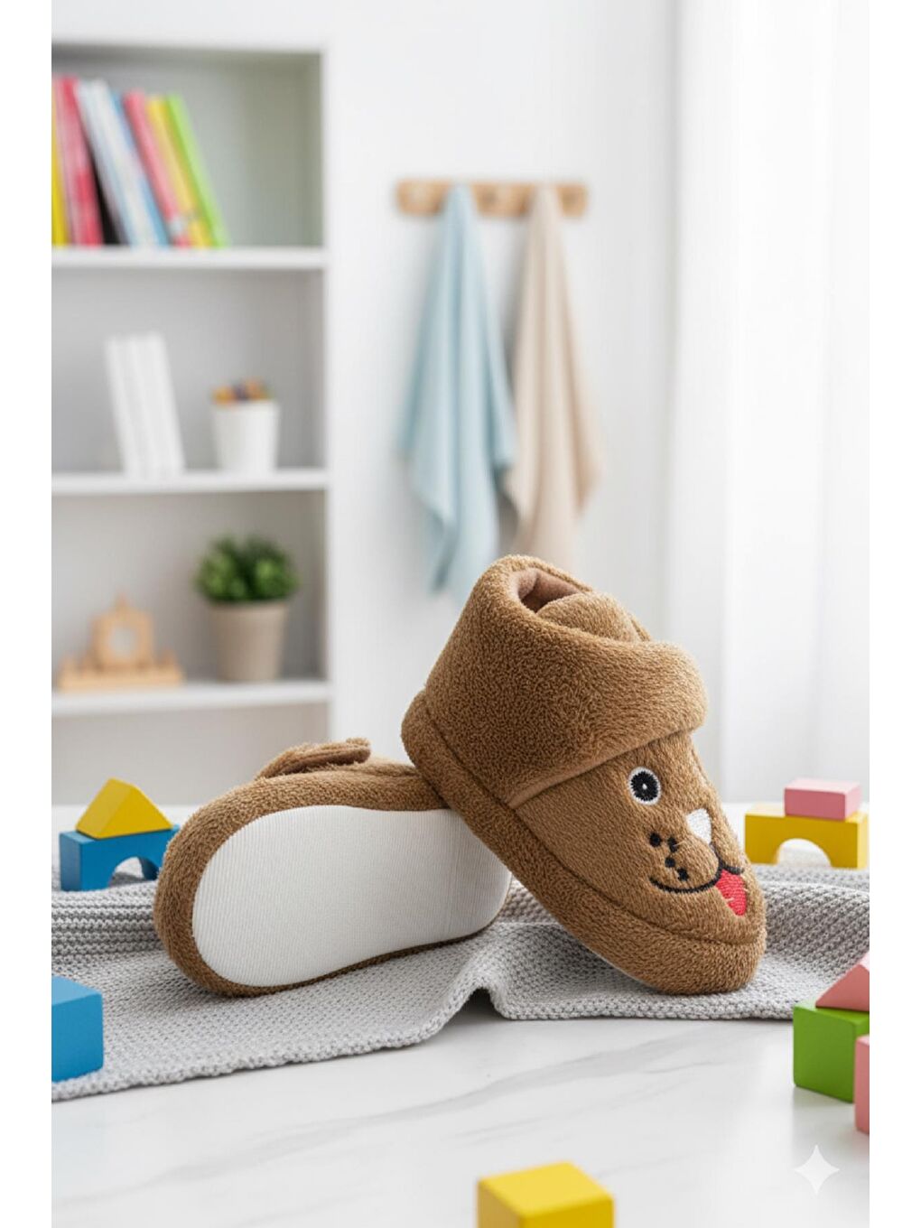 Kahverengi Sevimli Hayvanlar Cırtlı Kaydırmaz Taban Kreş Ev Okul Ayakkabısı Bebek Çocuk Panduf Ev Botu-1