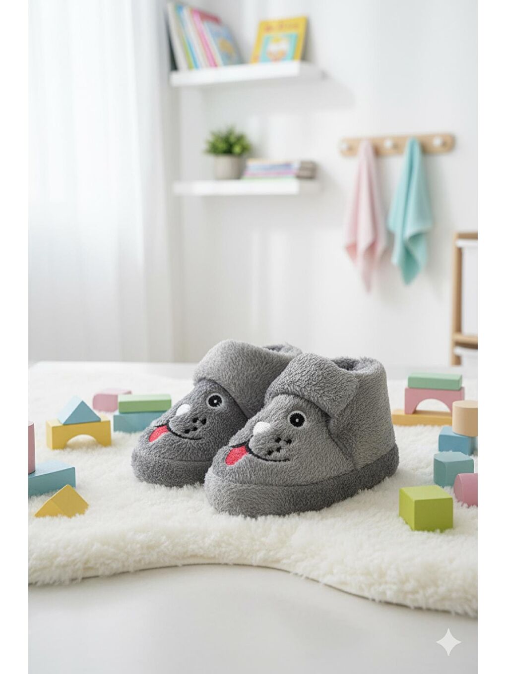 Gri Sevimli Hayvanlar Cırtlı Kaydırmaz Taban Kreş Ev Okul Ayakkabısı Bebek Çocuk Panduf Ev Botu