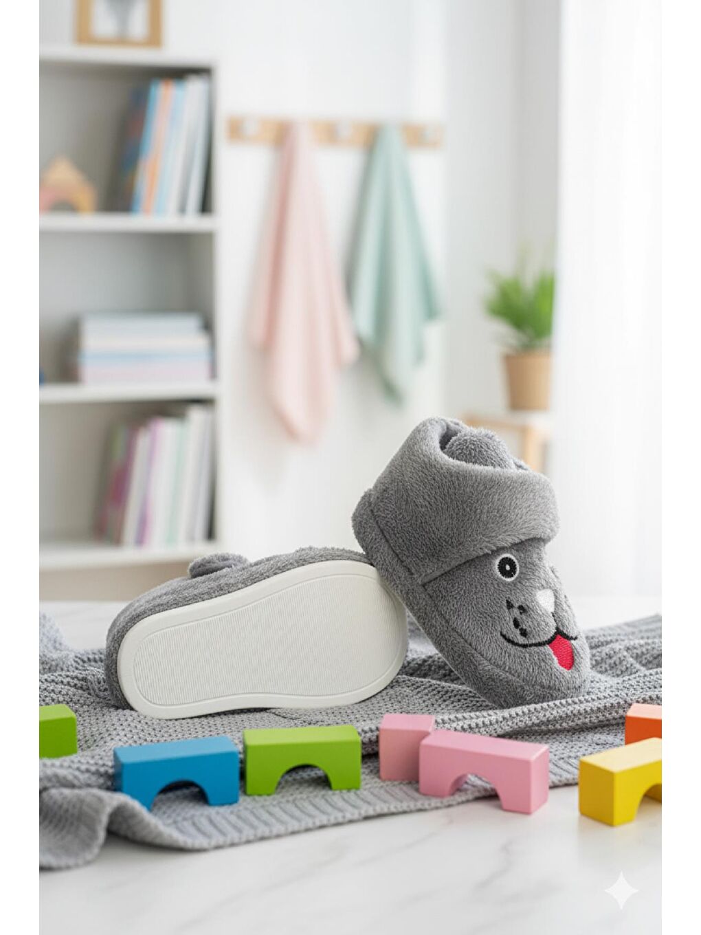 Gri Sevimli Hayvanlar Cırtlı Kaydırmaz Taban Kreş Ev Okul Ayakkabısı Bebek Çocuk Panduf Ev Botu-1